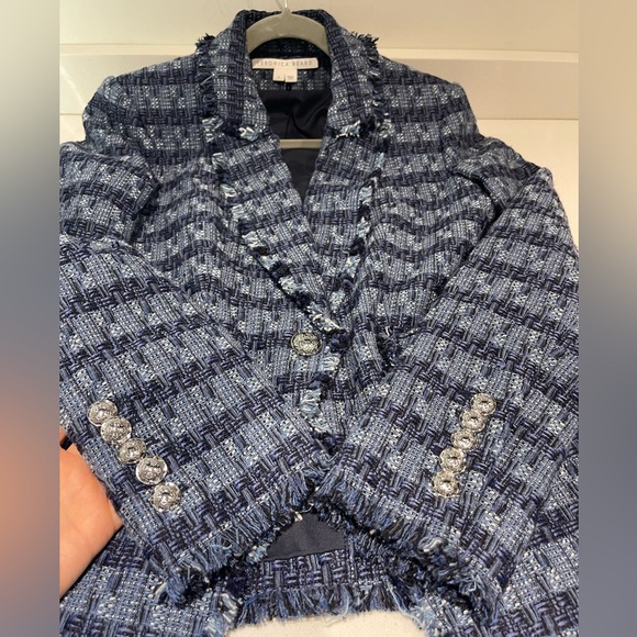 $698 Veronica Beard Cutaway Dickey Jacket Blazer blue luxe fringe trim tweed 8 - Picture 11 of 16